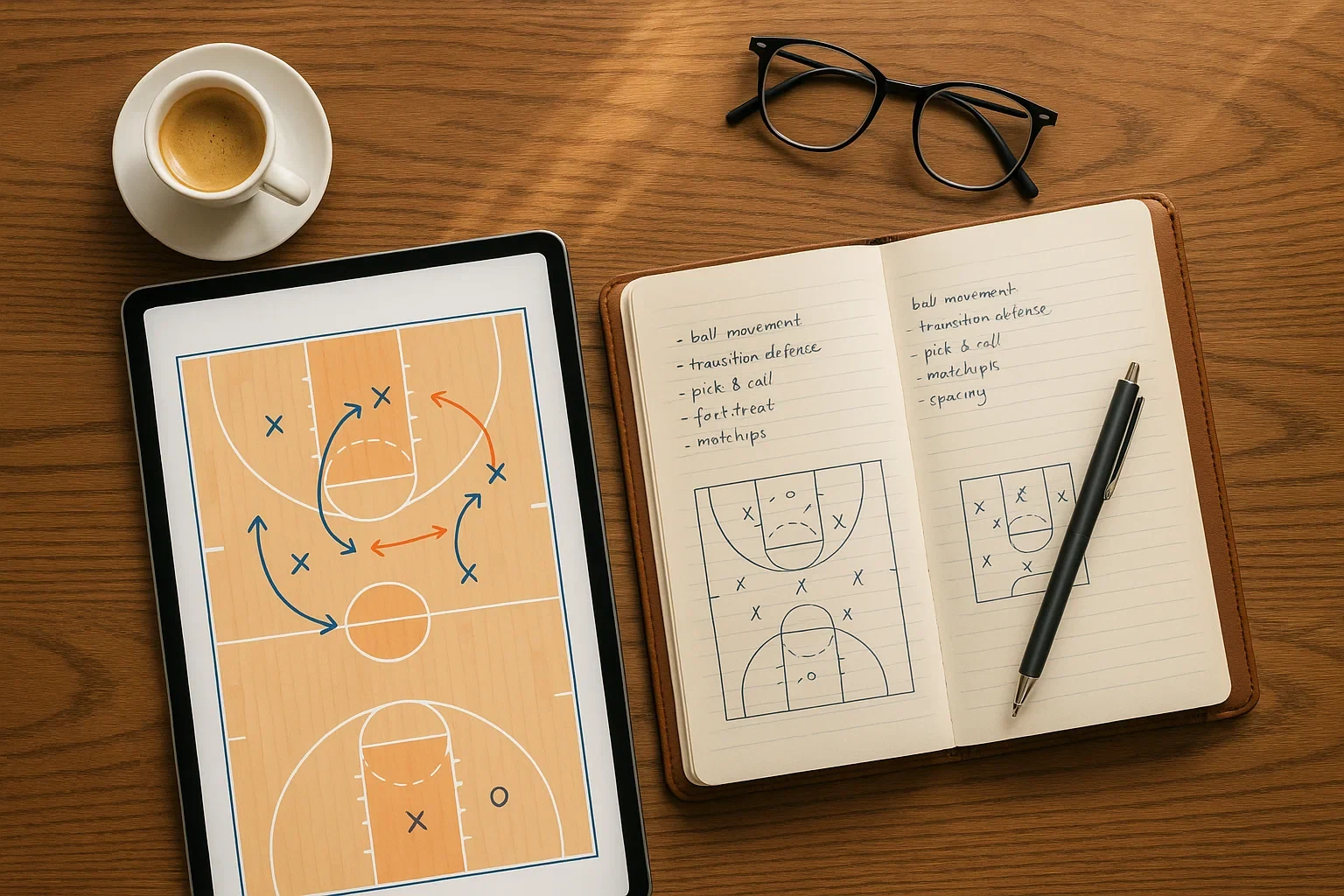 Mesa de trabalho organizada com tablet mostrando diagrama de táticas de basquetebol, caderno de notas e café