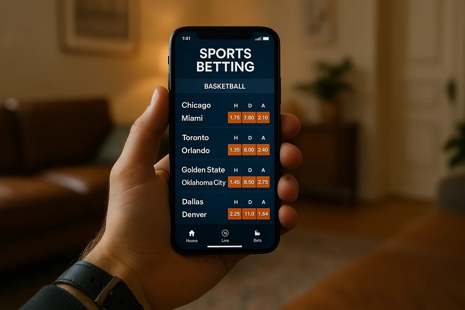 Mão a segurar smartphone com aplicação de apostas desportivas NBA em ambiente doméstico acolhedor