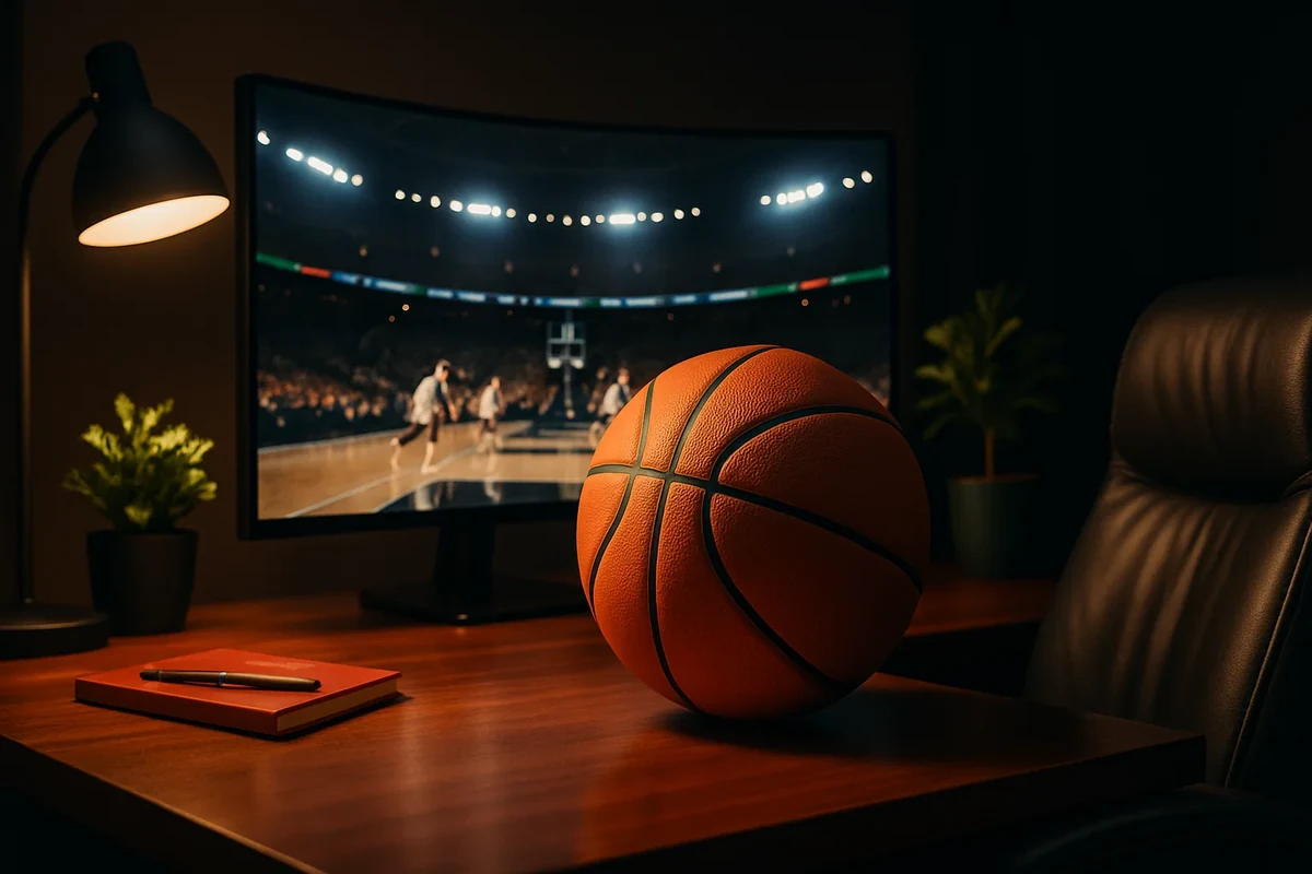 Ambiente profissional de análise de apostas NBA com monitor exibindo jogo de basquetebol e bola de basquete laranja sobre secretária