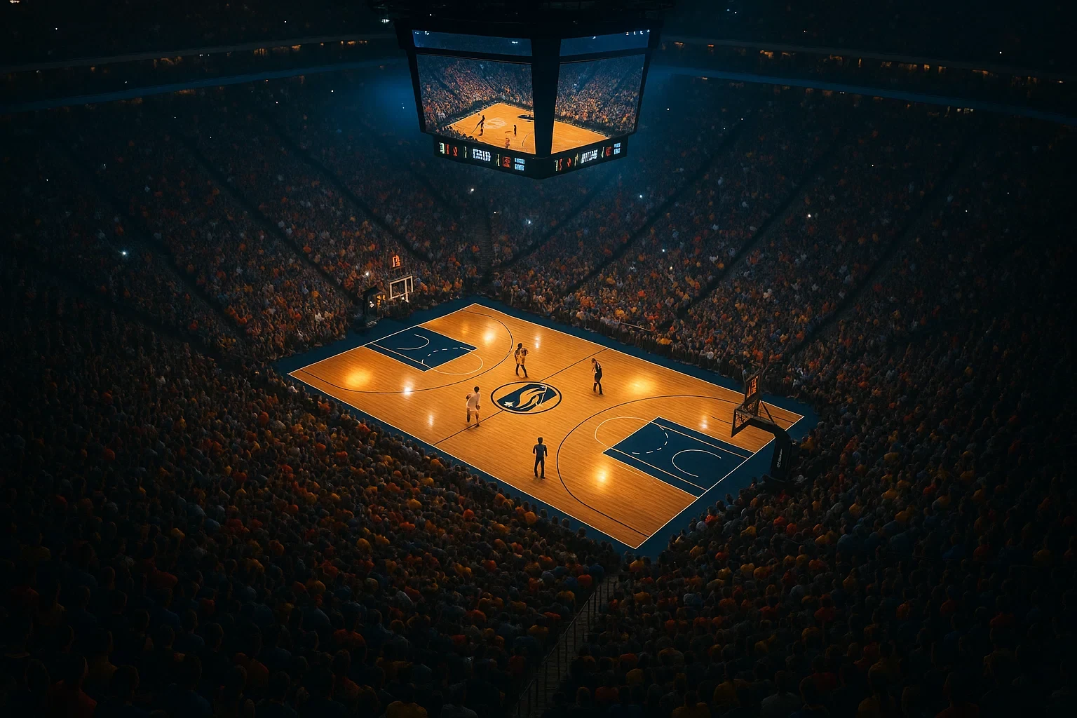 Vista aérea de arena da NBA lotada durante jogo ao vivo com iluminação dramática e milhares de adeptos